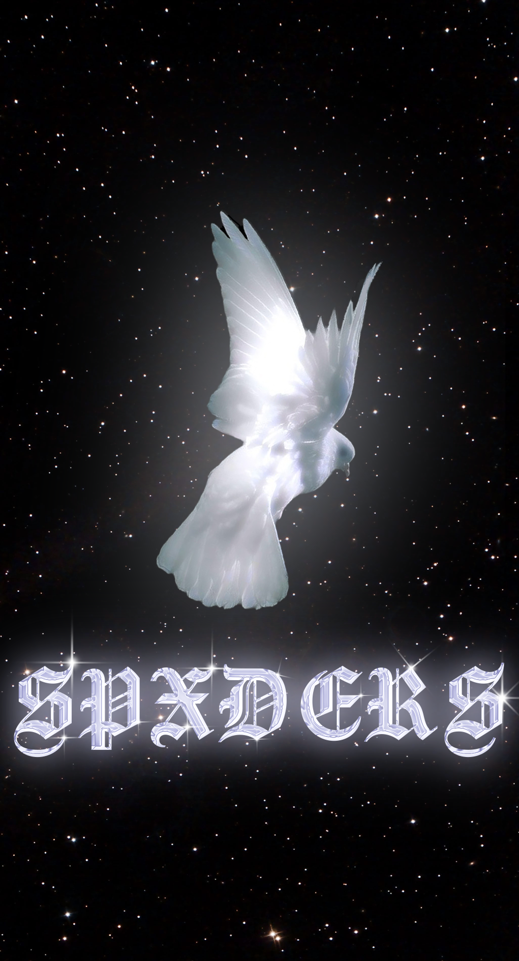 A design featuring a dove in flight in space with chrome letters underneath it spelling Spxders