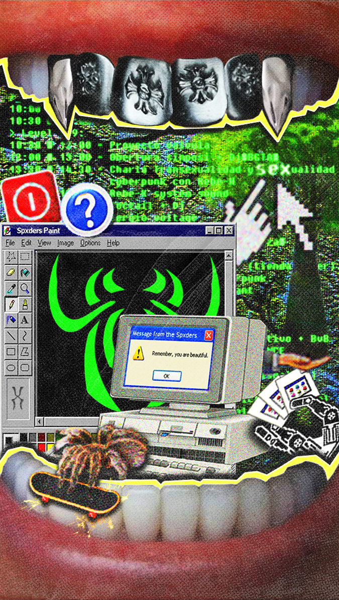 An artwork filled with a cacophony of images and icons, in the style of weirdcore and frutiger aero