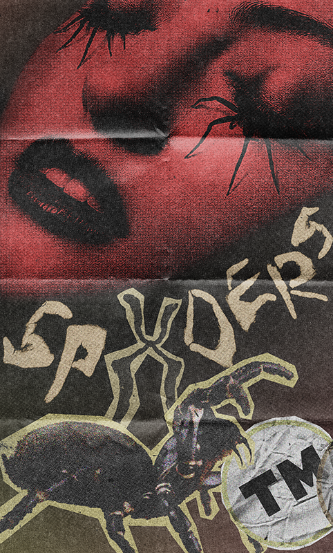 a woman with spider emerging from her eyes with Spxders spelt out in fingers around her