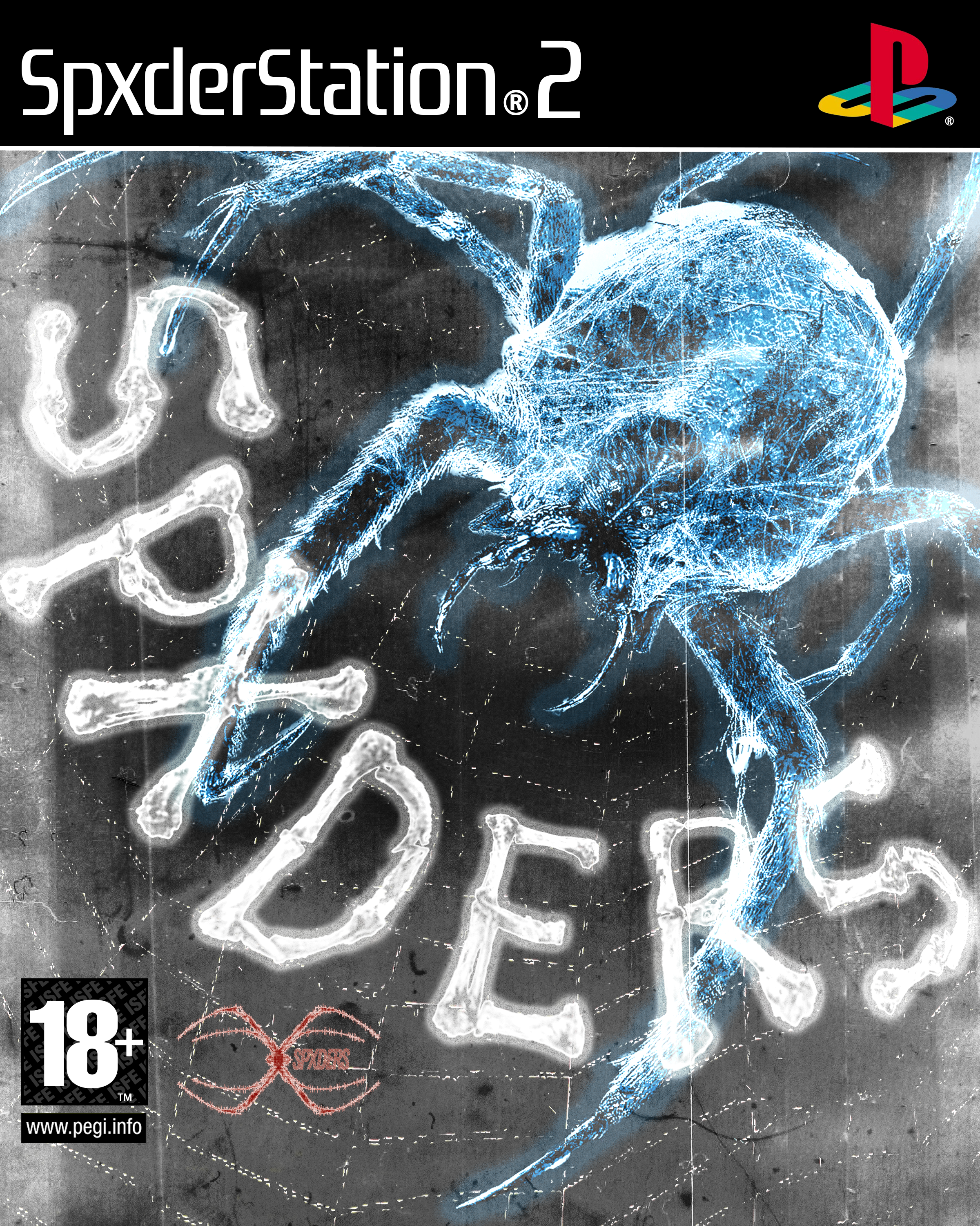 A playstation video game cover parody title spxders featuring a spider with a skull for a head
